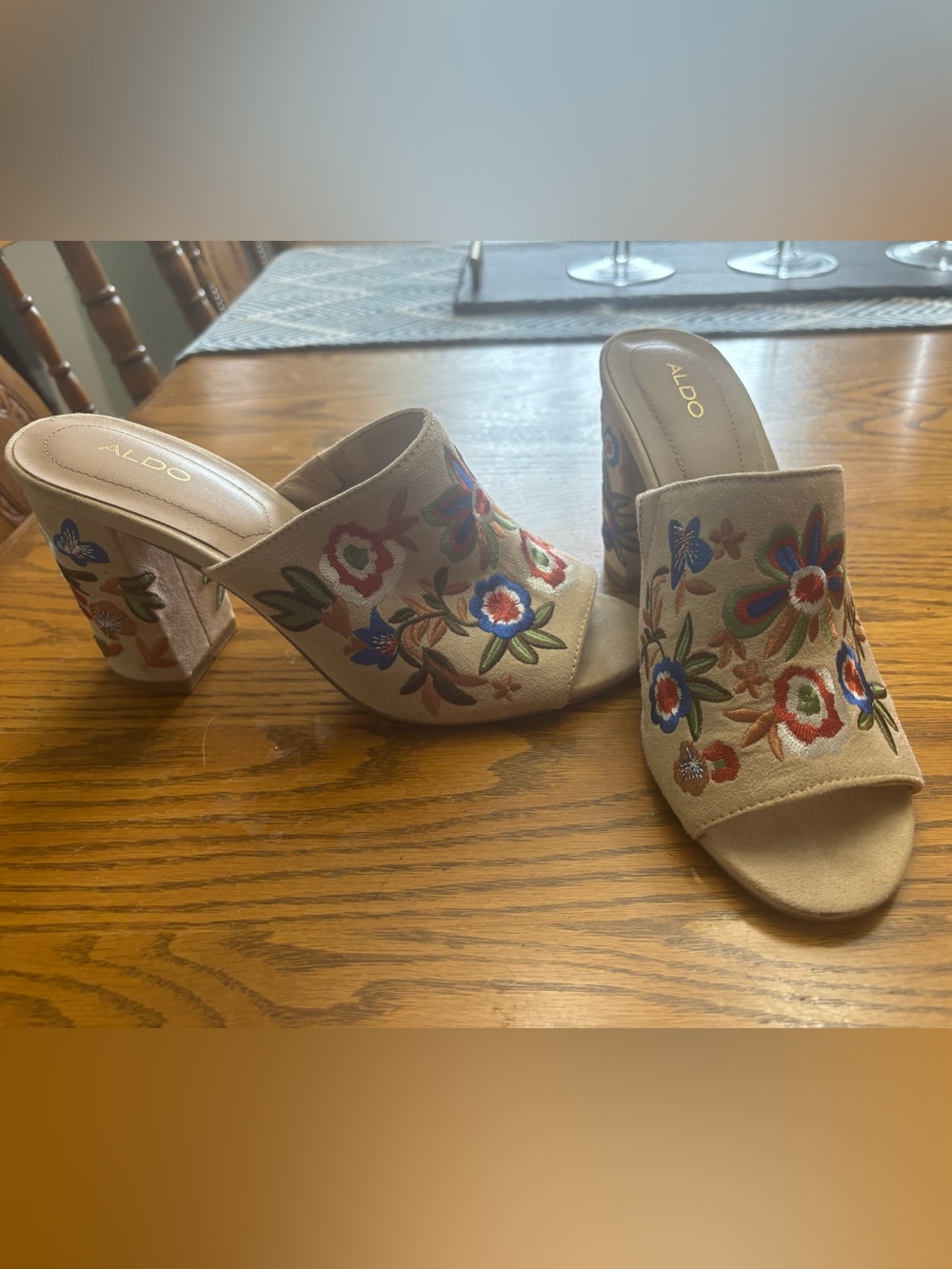 Aldo Beige Embroidered Floral Mule Heels